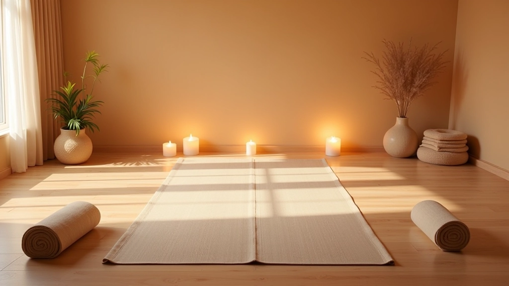 Espace de pratique serein avec tapis de yoga, coussins et accessoires de soutien dans une lumière apaisante