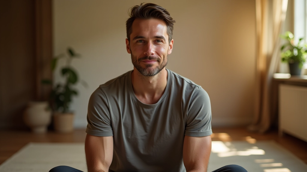 Homme âgé de 42 ans en vêtements de yoga confortables, posture détendue, dans un studio calme