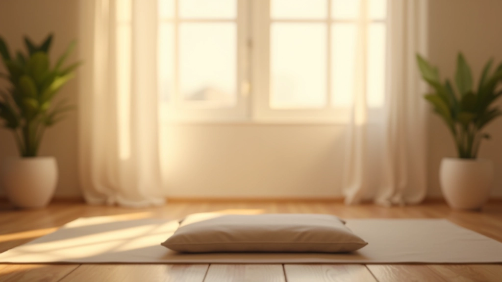 Environnement de méditation serein avec tapis de yoga, coussin de méditation et lumière tamisée pour la pratique du yoga nidra
