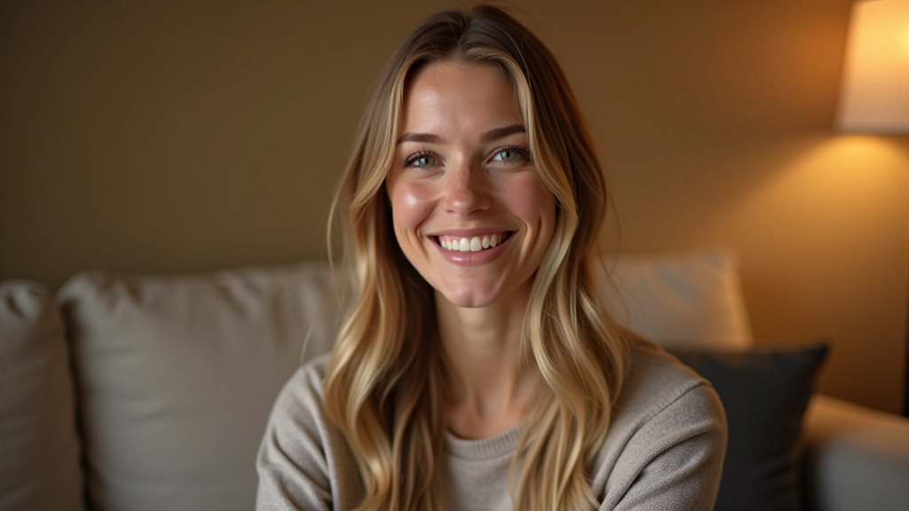 Femme âgée de 35 ans en vêtements confortables, souriante, dans un salon relaxant avec lumière douce